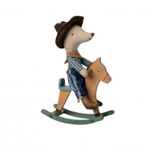 Souris cow-boy sur son cheval à bascule