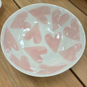 Bol peu profond coeur rose/moutarde